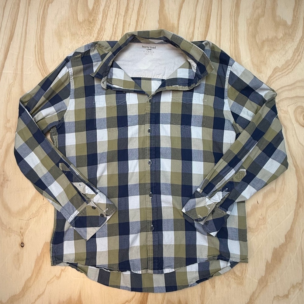 Horny Toad Mens XL Organic Cotton Plaid Button Down Shirt Navy Olive Green Check
